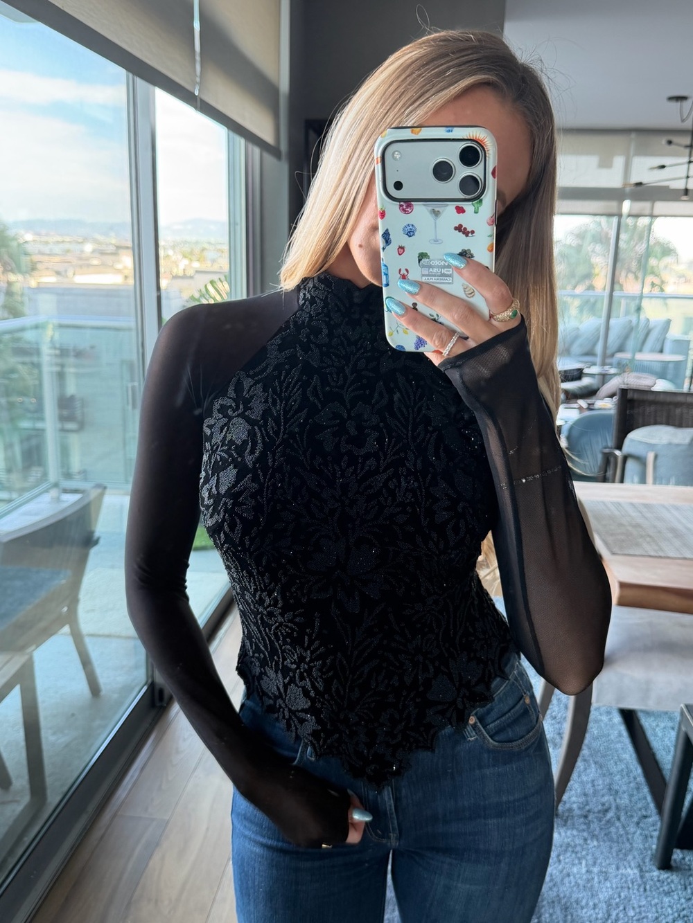 1980s Tadashi Shoji Beaded and Mesh long sleeve turtle neck
